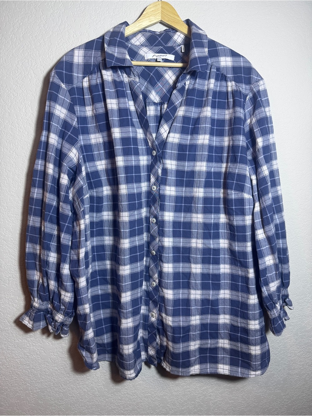 Foxcroft Blouse Womens 24W Blue Plaid Button Down Shirt Plus Size Ruffle Cuff